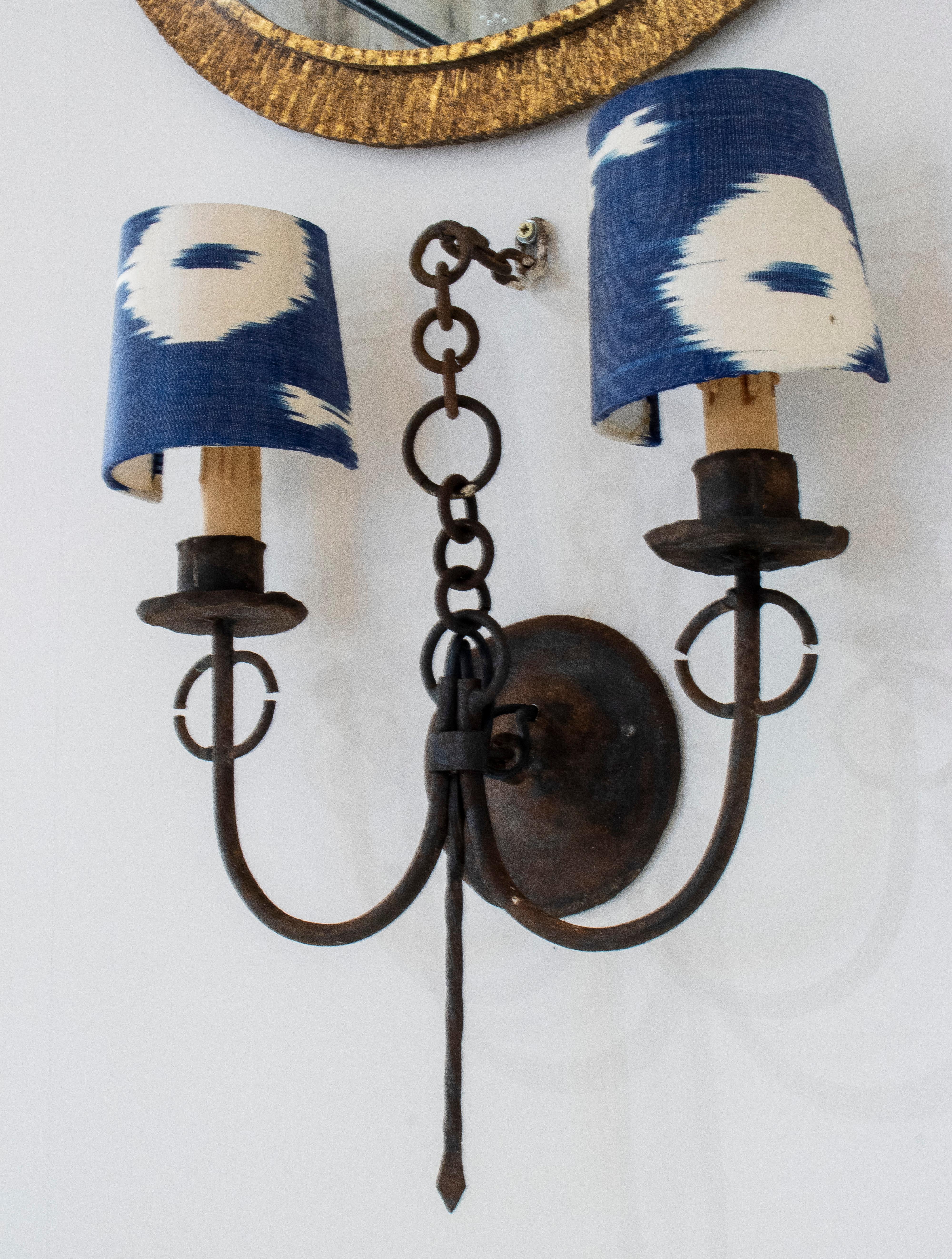 European Pair of 1950s Spanish 2-Arm Iron Sconce Wall Lamps w/ Upholstered Lampshades