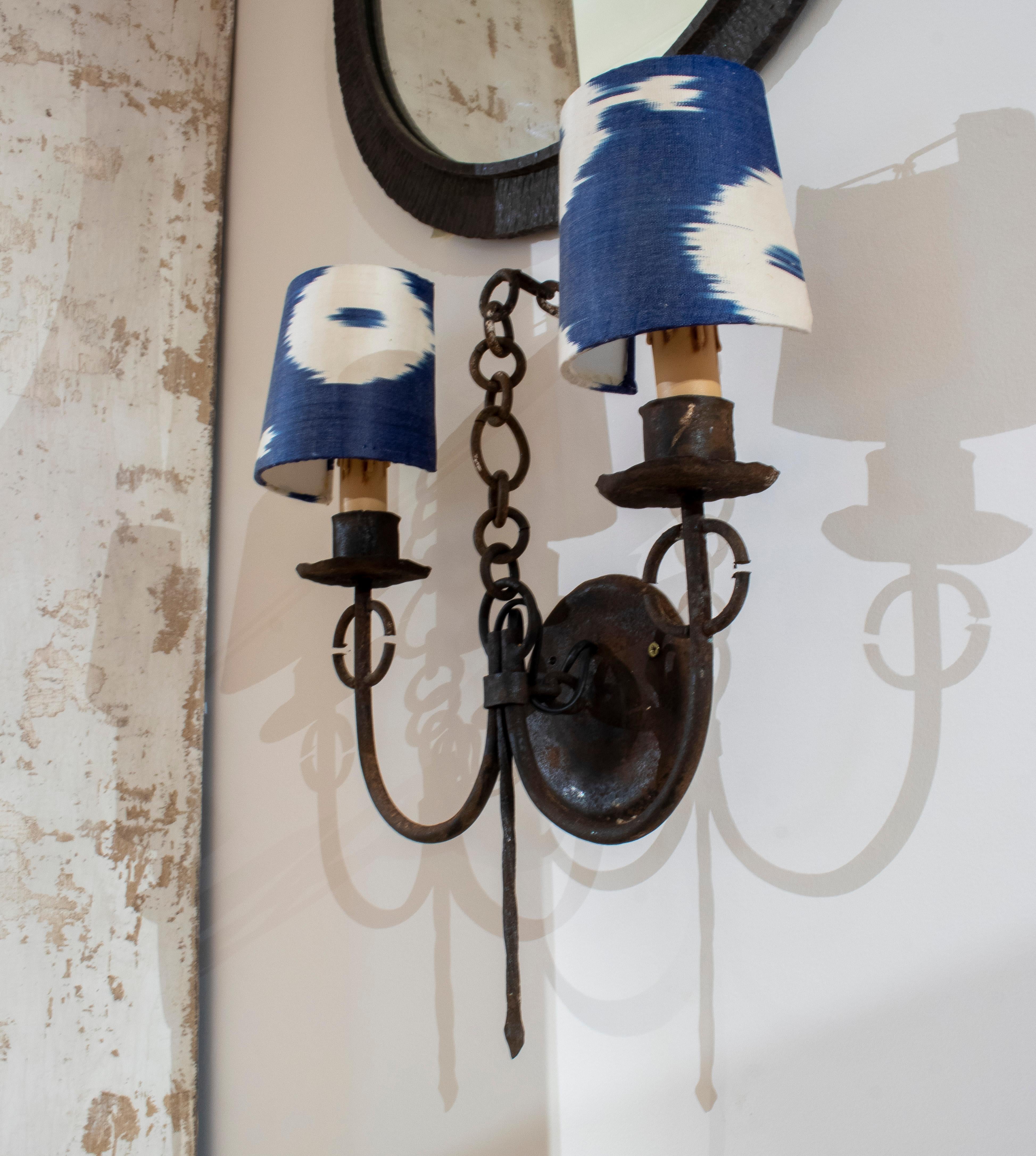Pair of 1950s Spanish 2-Arm Iron Sconce Wall Lamps w/ Upholstered Lampshades In Good Condition In Marbella, ES
