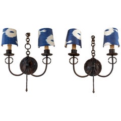 Pair of 1950s Spanish 2-Arm Iron Sconce Wall Lamps w/ Upholstered Lampshades