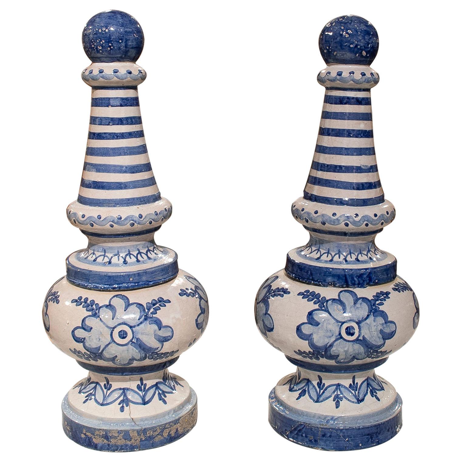 Pair of 1950s Spanish Andalusian Two-Colour Glazed Ceramic Finials