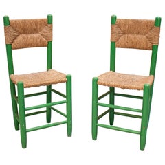 Pair of 1950s Spanish Andalusian Woven Bulrush Traditional Green Painted Chairs