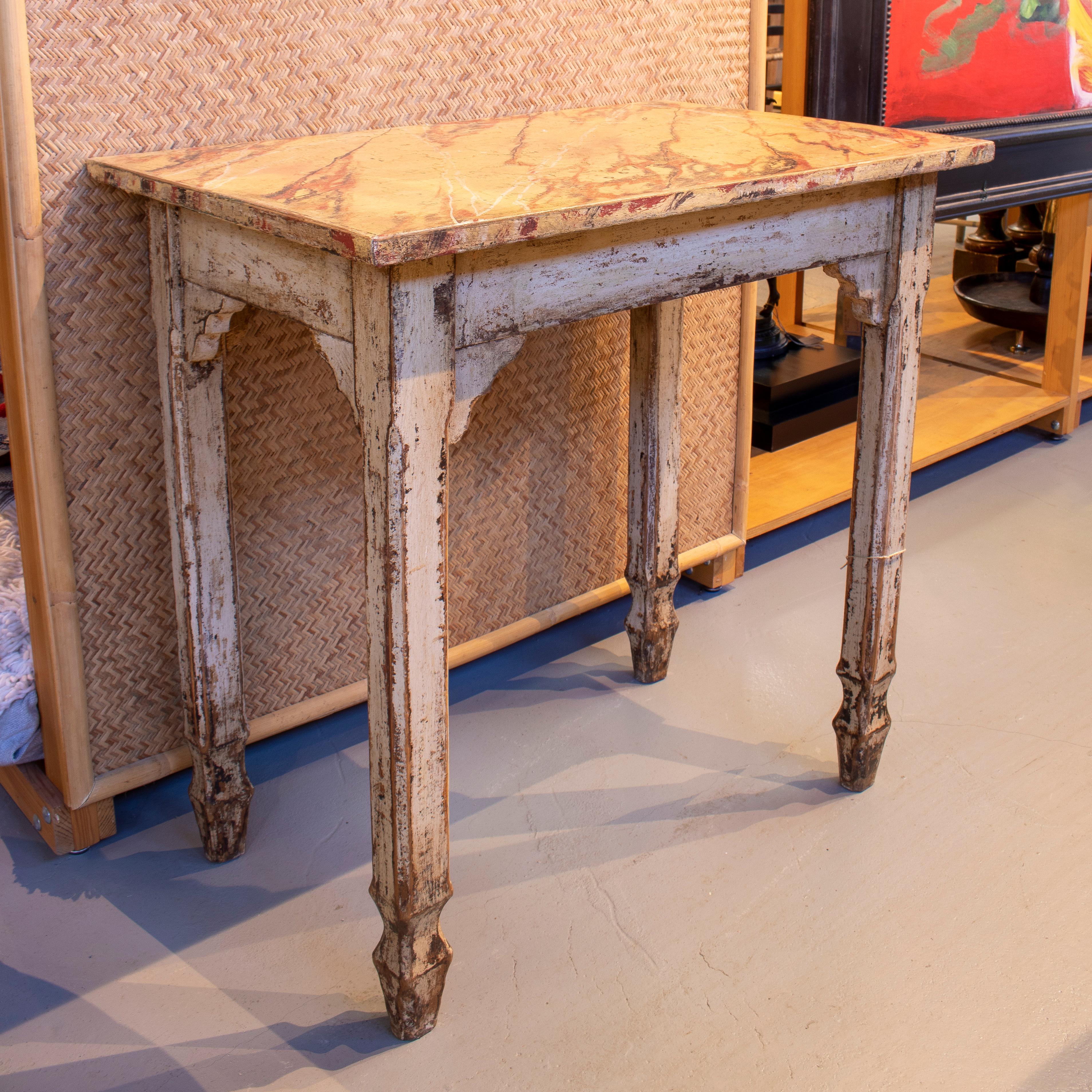 Hand-Painted Pair of 1950s Spanish Faux Marble Wooden Console Tables