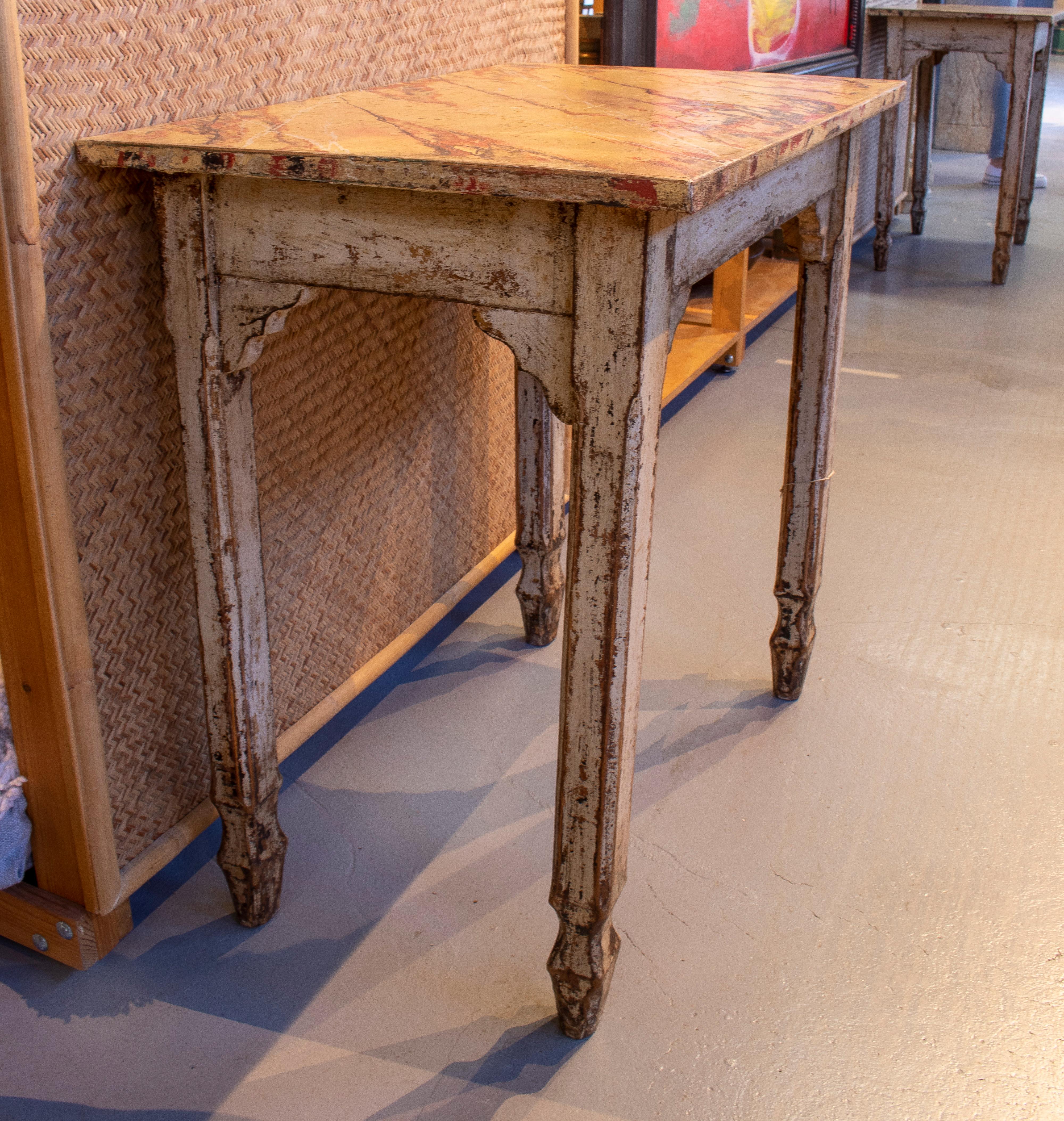 Pair of 1950s Spanish Faux Marble Wooden Console Tables 1