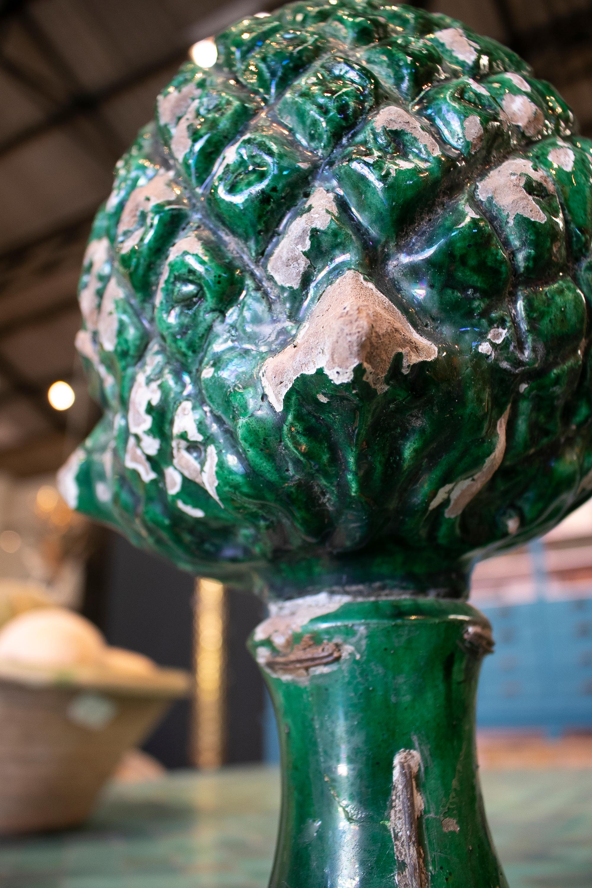 Pair of 1950s Spanish Green Glazed Pine Cone Terracotta Finials 5