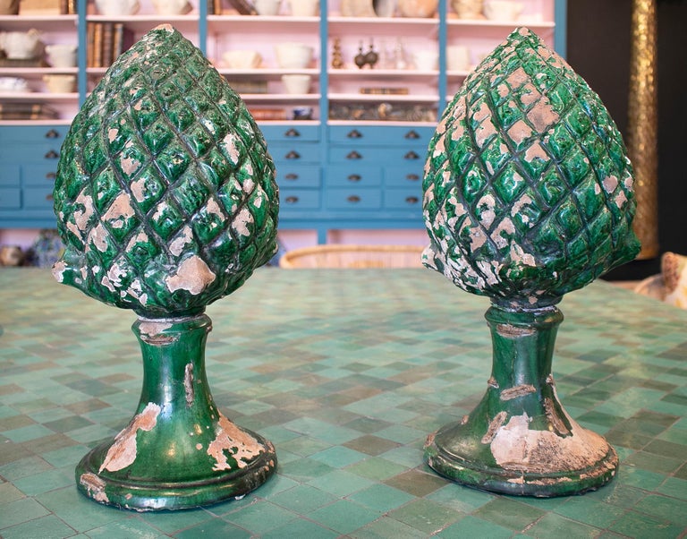 Pair of 1950s Spanish Green Glazed Pine Cone Terracotta Finials For