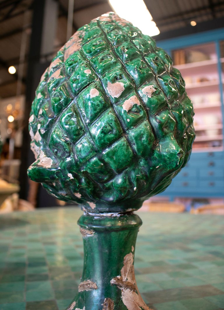 Pair of 1950s Spanish Green Glazed Pine Cone Terracotta Finials For
