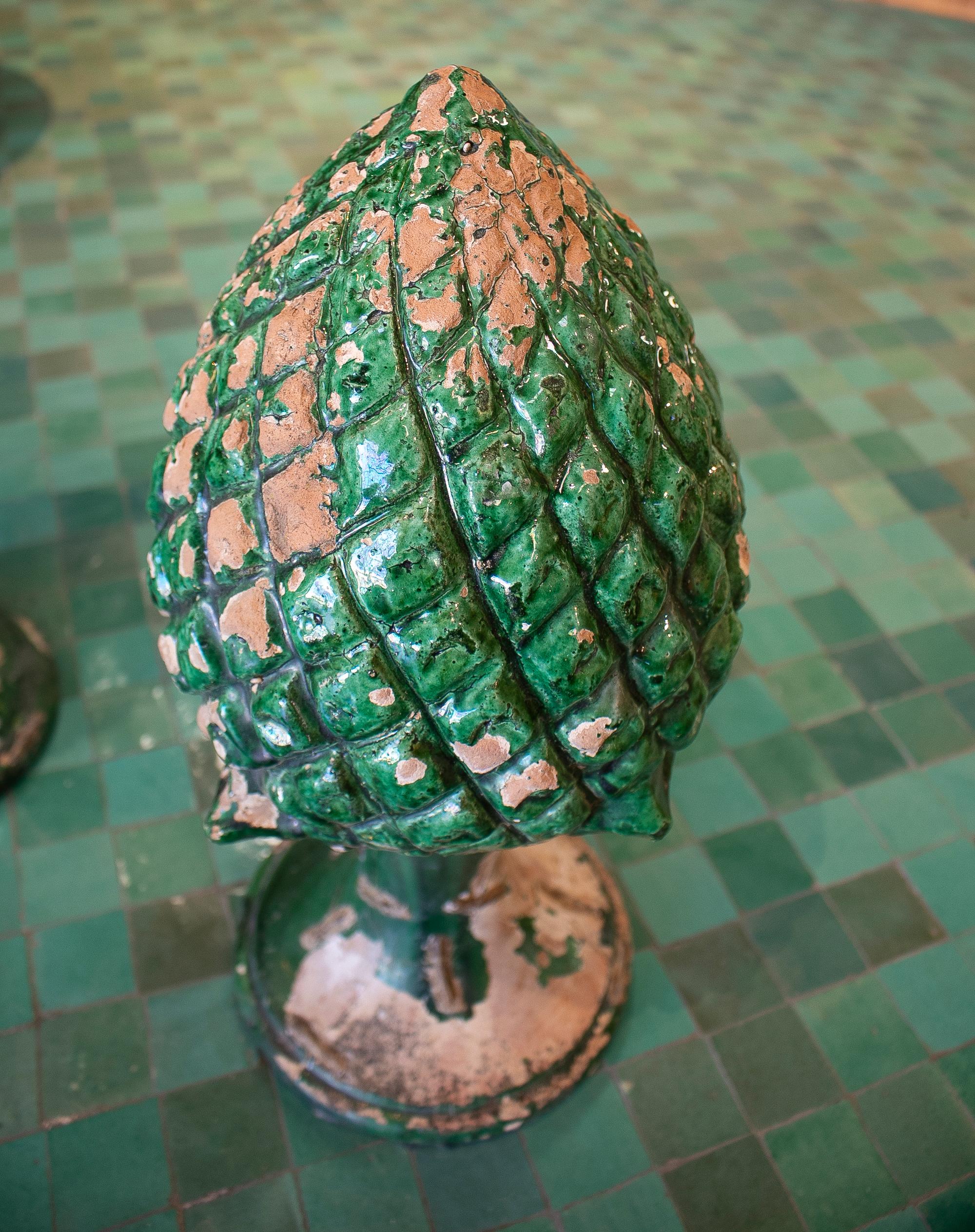 20th Century Pair of 1950s Spanish Green Glazed Pine Cone Terracotta Finials