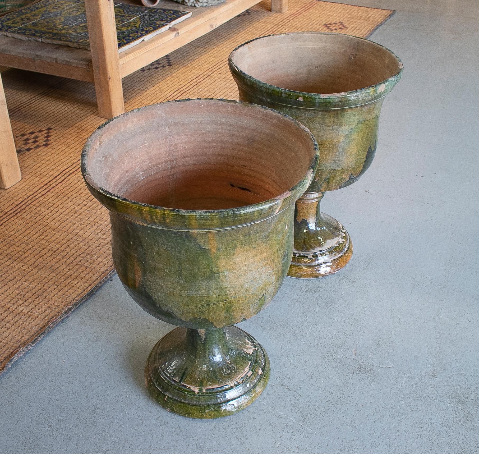 Ceramic Pair of 1950s Spanish Green Glazed Terracotta Garden Urn Planters