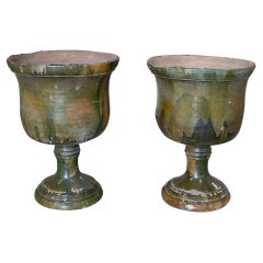 Pair of 1950s Spanish Green Glazed Terracotta Garden Urn Planters