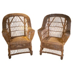 Pair of 1950s Spanish Hand Woven Wicker Sofa Chairs