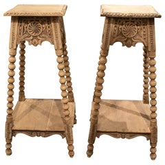 Pair of 1950s Spanish Lime Washed Wood Stools w/ Ornamental Relief Carvings