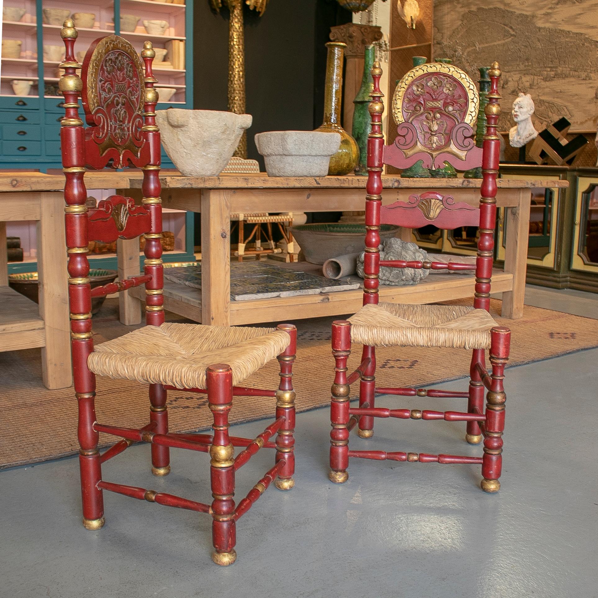 Pair of 1950s Spanish painted wooden chairs with traditional 