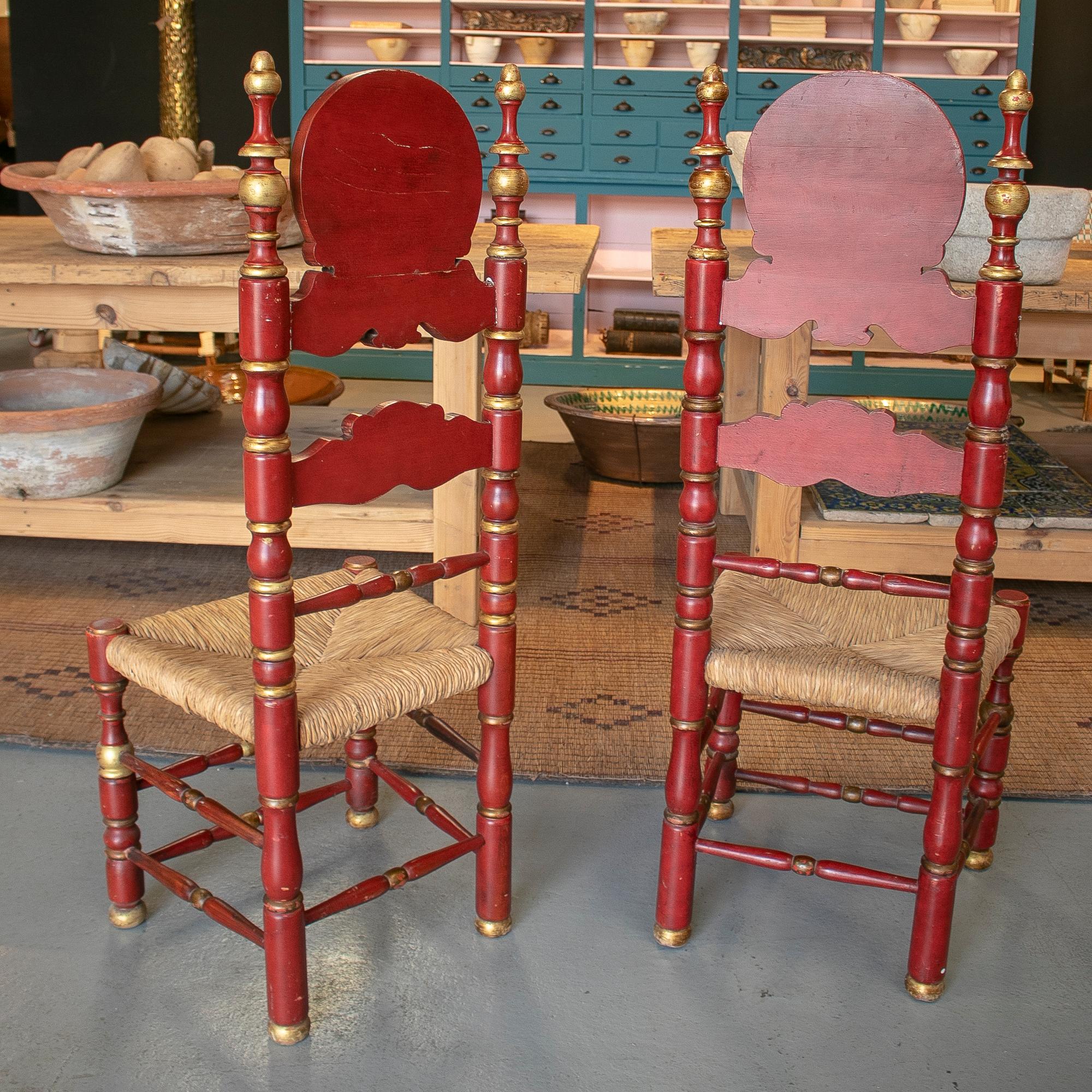 Pair of 1950s Spanish Painted Wooden Chairs w/ Woven Dry Rope Seats 2