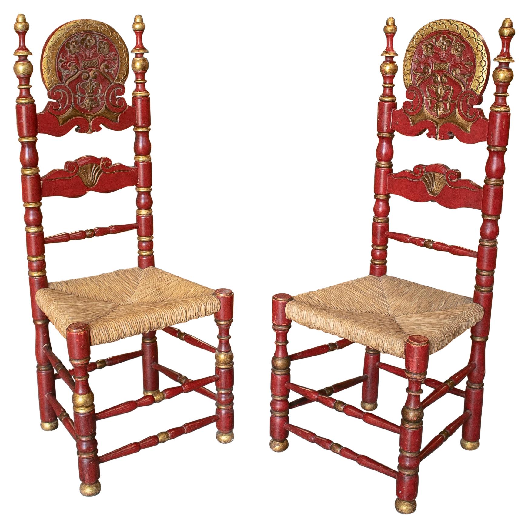 Pair of 1950s Spanish Painted Wooden Chairs w/ Woven Dry Rope Seats