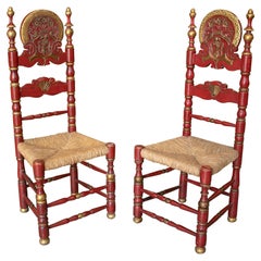 Retro Pair of 1950s Spanish Painted Wooden Chairs w/ Woven Dry Rope Seats
