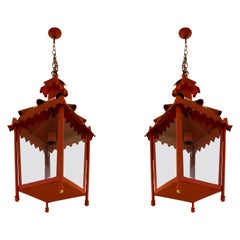 Pair of 1950s Spanish Red Iron Hanging Lanterns w/ Four Glass Panels