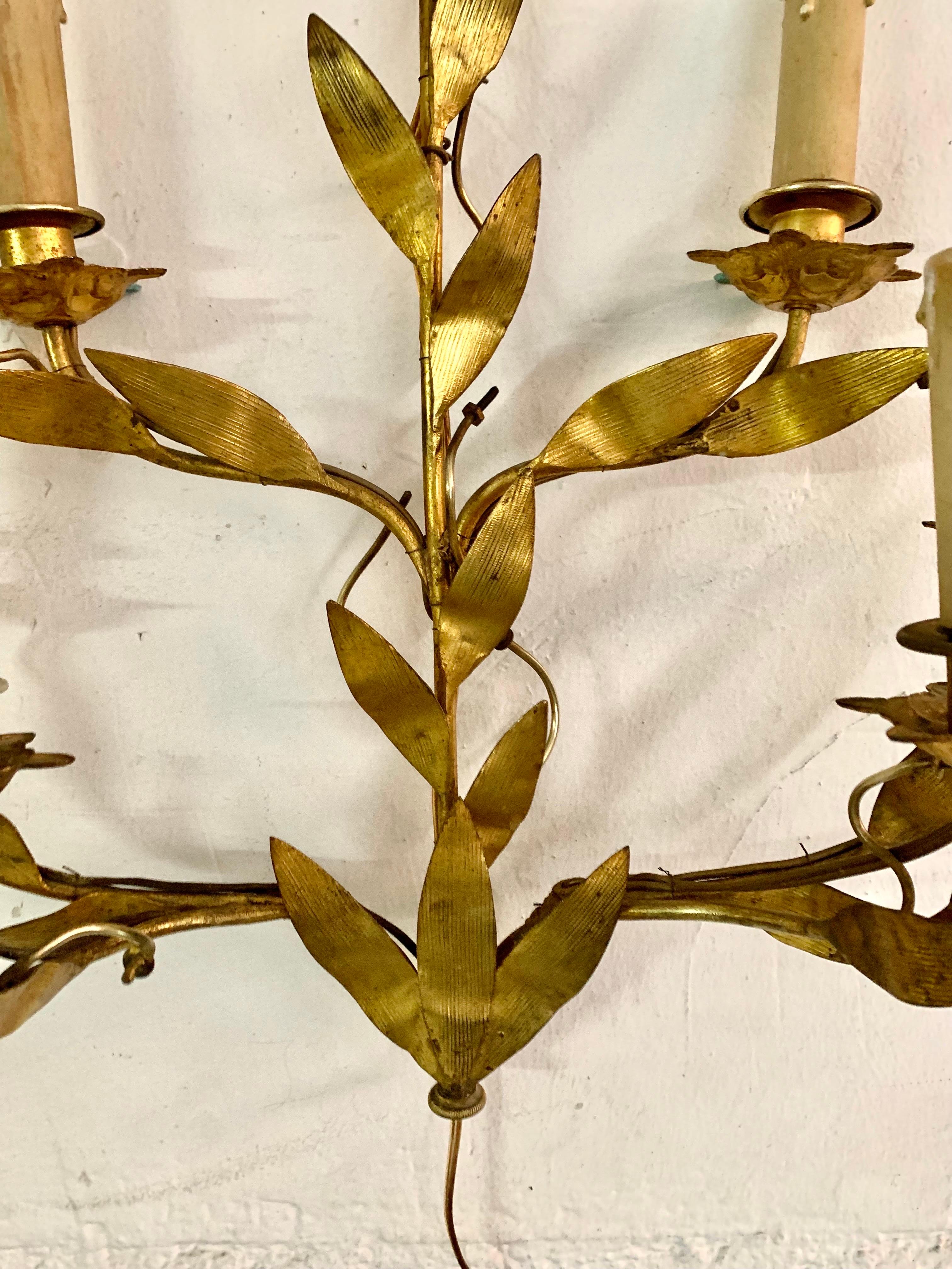 Pair of 1950s Spanish Wall Sconces in Gilt Metal and Six Light Arms For Sale 6