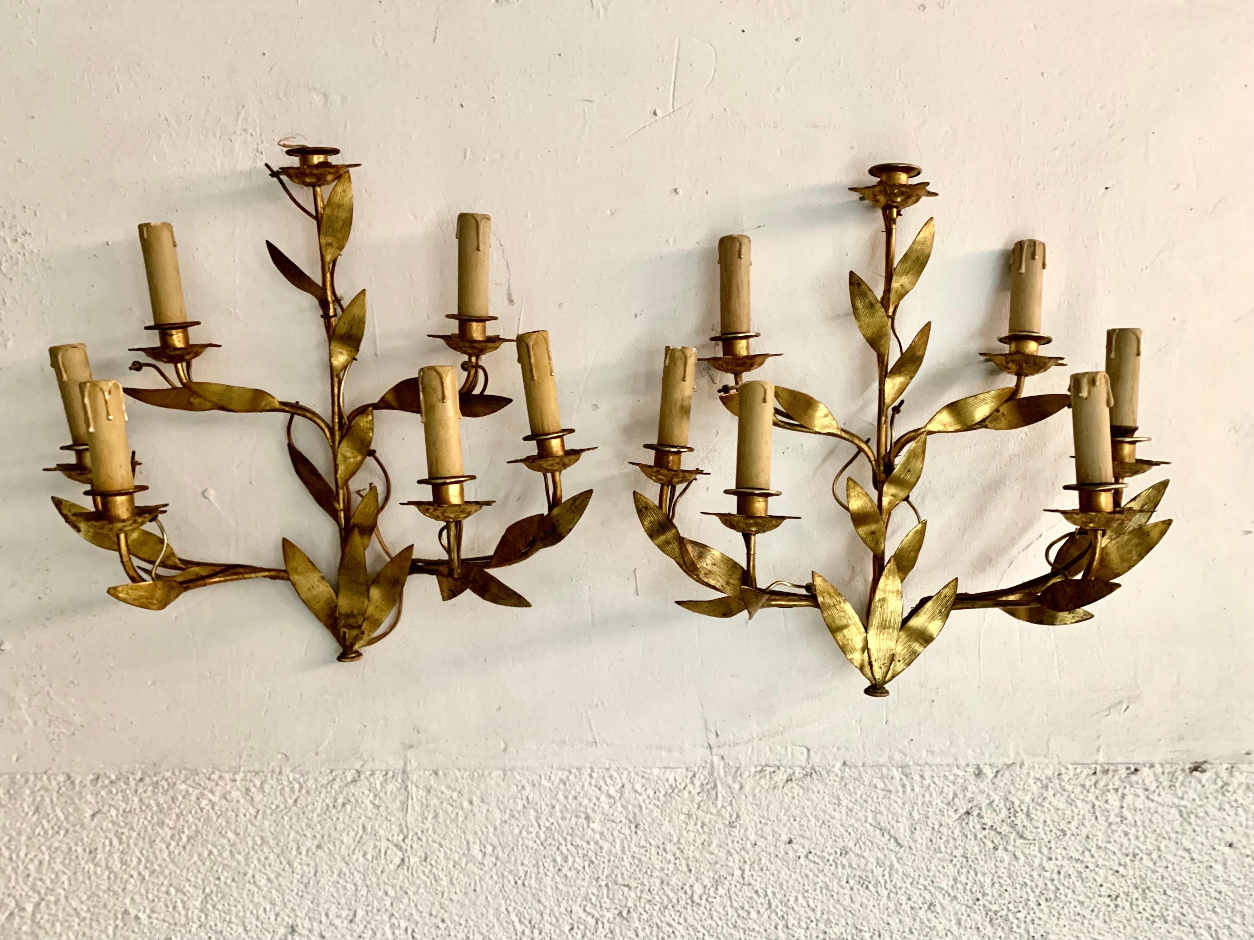 A pair of Spanish wall sconces, from the 1950s, are made with gilt metal imitating plant leaves, each sconces have six arms with a false candle,