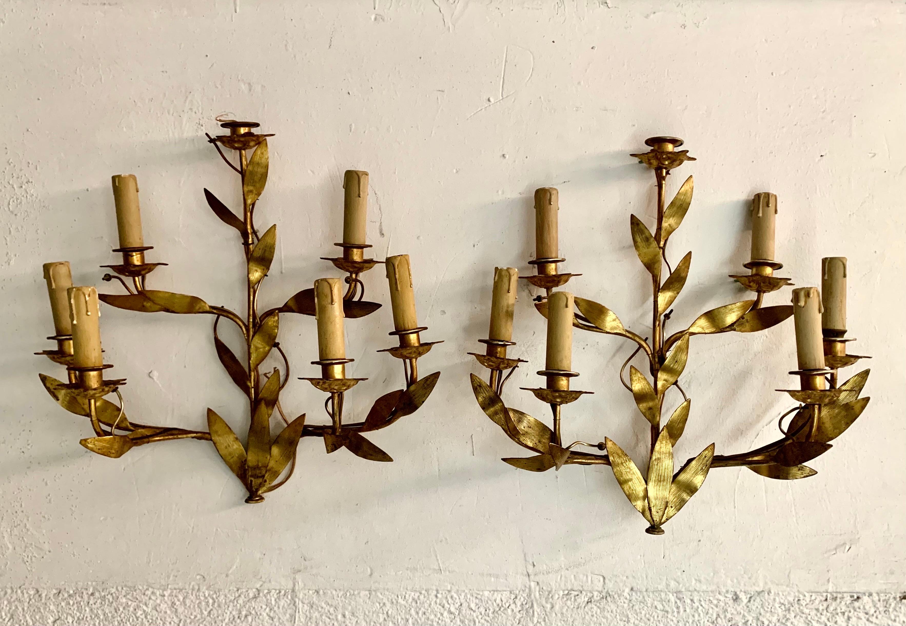Mid-Century Modern Pair of 1950s Spanish Wall Sconces in Gilt Metal and Six Light Arms For Sale