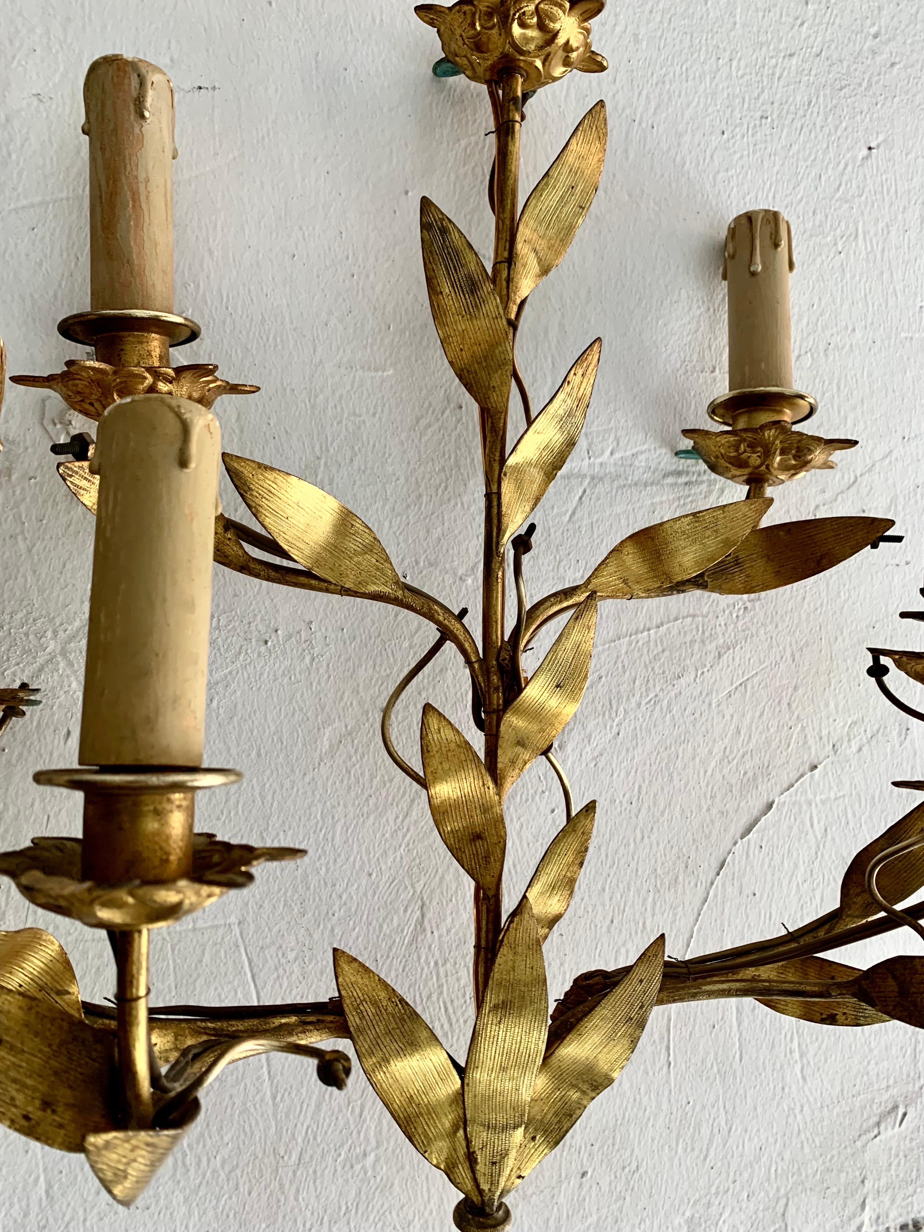 Pair of 1950s Spanish Wall Sconces in Gilt Metal and Six Light Arms In Good Condition For Sale In Madrid, ES