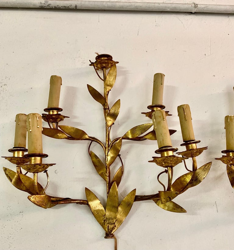 Pair of 1950s Spanish Wall Sconces in Gilt Metal and Six Light Arms For