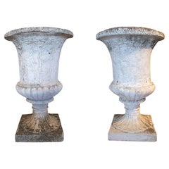 Pair of 1950s Spanish Whitewashed Cement Garden Urns