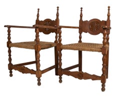 Coppia di sedie spagnole in legno del 1950 con sedili in corda secca intrecciata