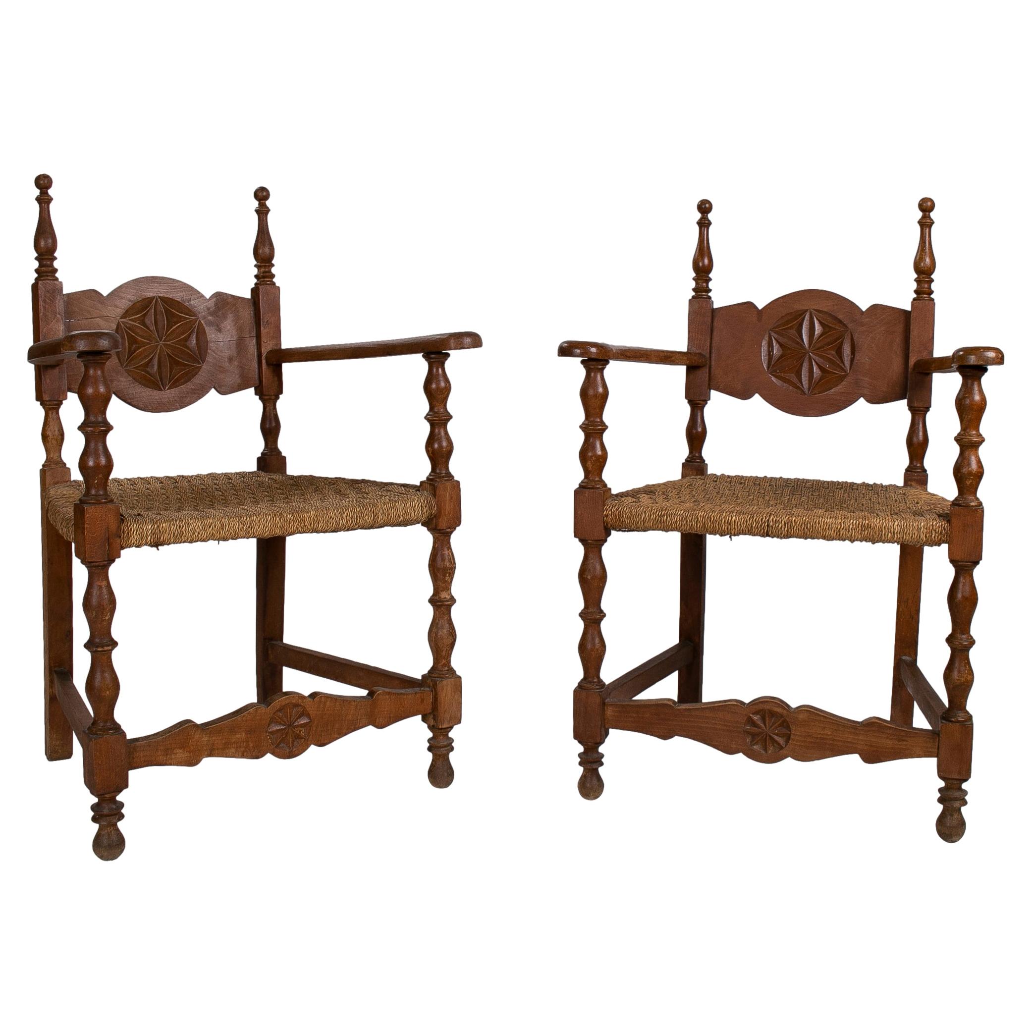 Pair of 1950s Spanish Wooden Chairs w/ Woven Dry Rope Seats For Sale