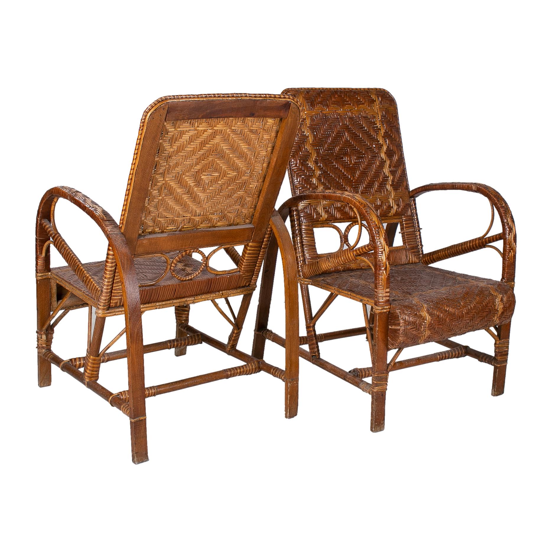 Pair of 1950s Spanish Woven Lace Wicker & Bamboo Armchairs In Good Condition In Marbella, ES