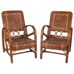 Pair of 1950s Spanish Woven Lace Wicker & Bamboo Armchairs