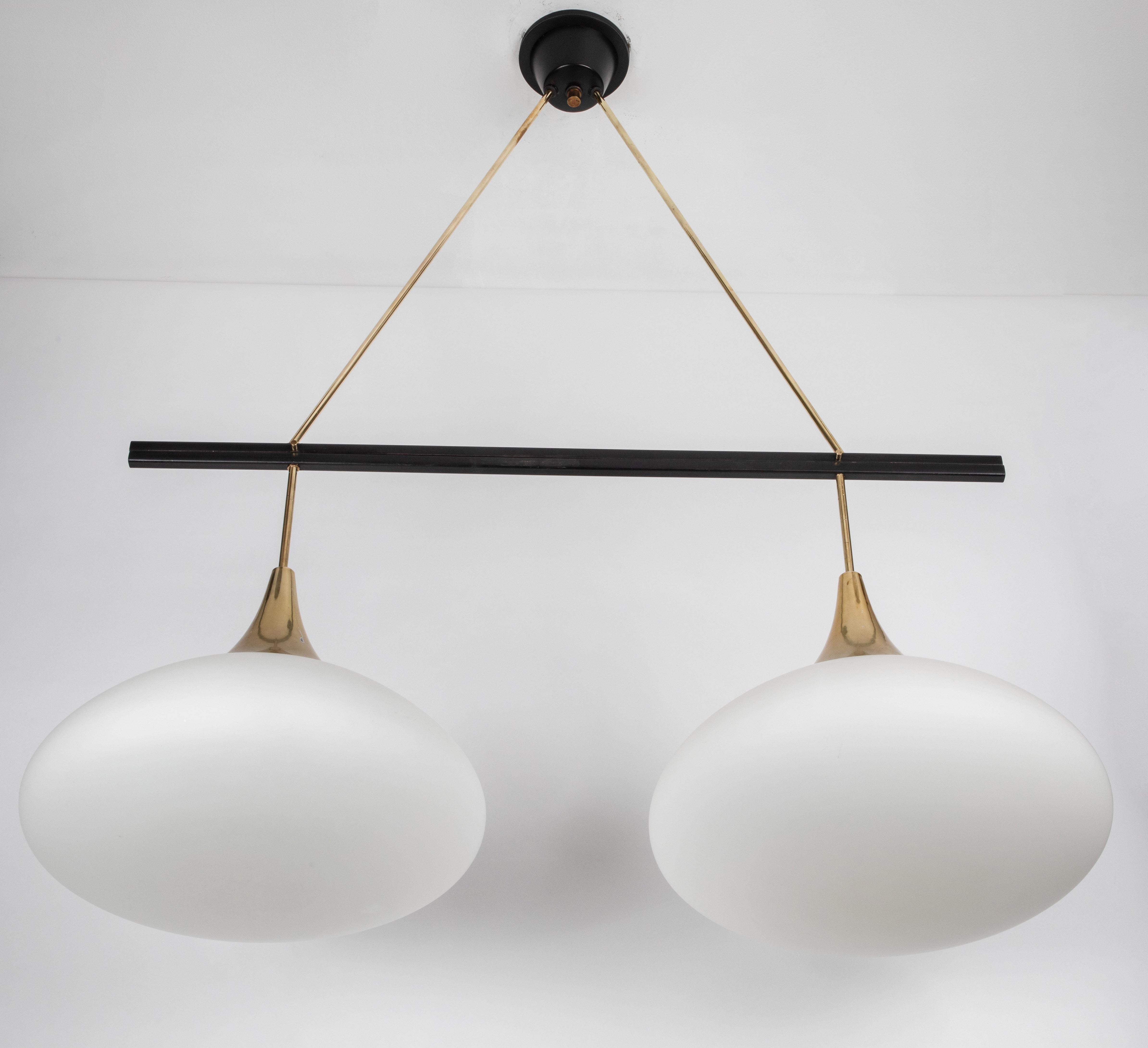 Mid-Century Modern Pair of 1950s Stilnovo Double Pendant Glass and Brass Chandeliers
