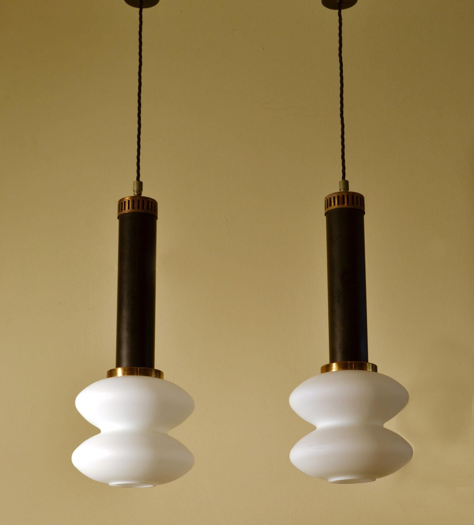 Mid-20th Century Pair of 1950s Stilnovo Pendant Lamps Frosted Glass