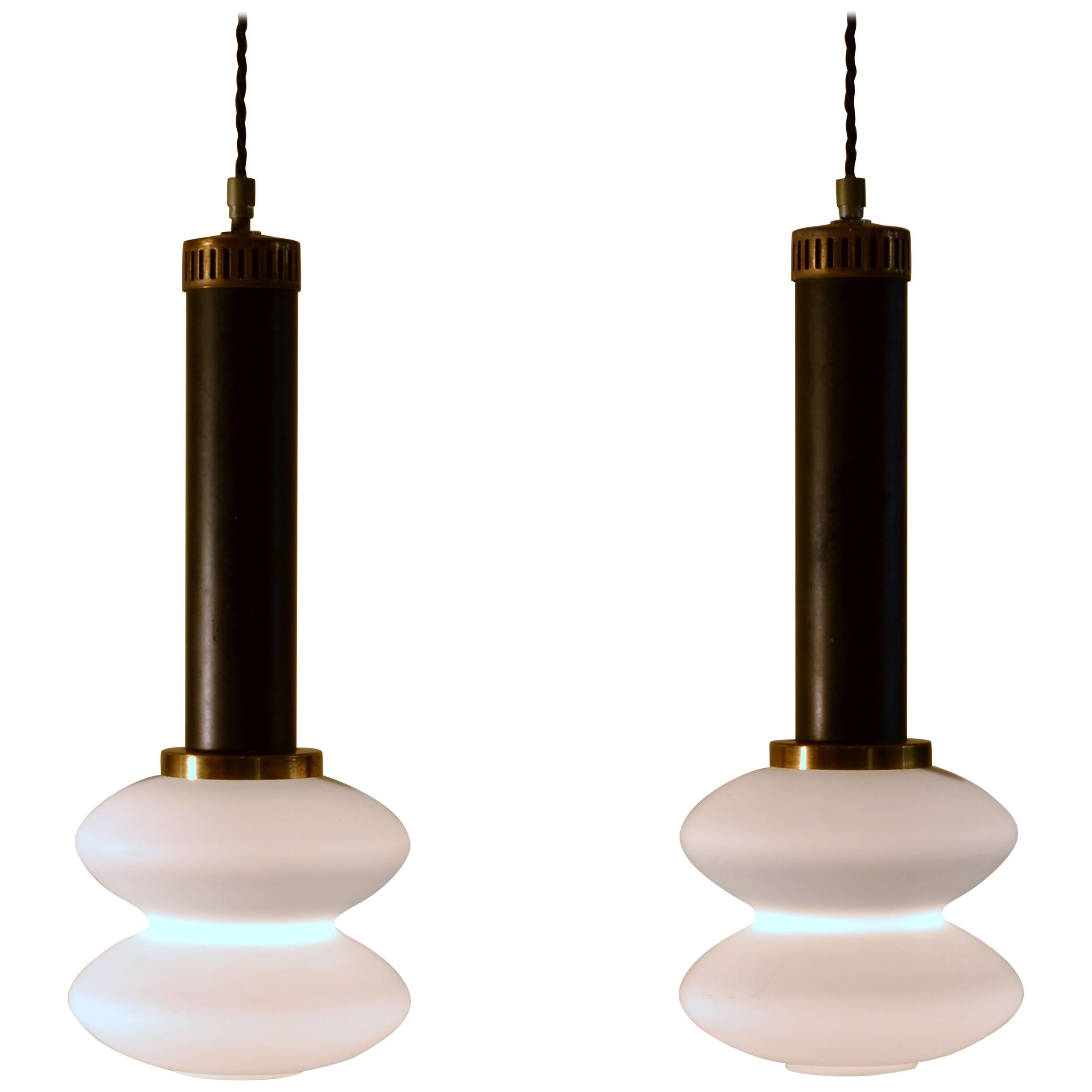 Pair of 1950s Stilnovo Pendant Lamps Frosted Glass