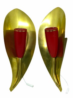 Pair of 1950s Stilnovo Style Sconces Brass and Red, Vintage, Italy