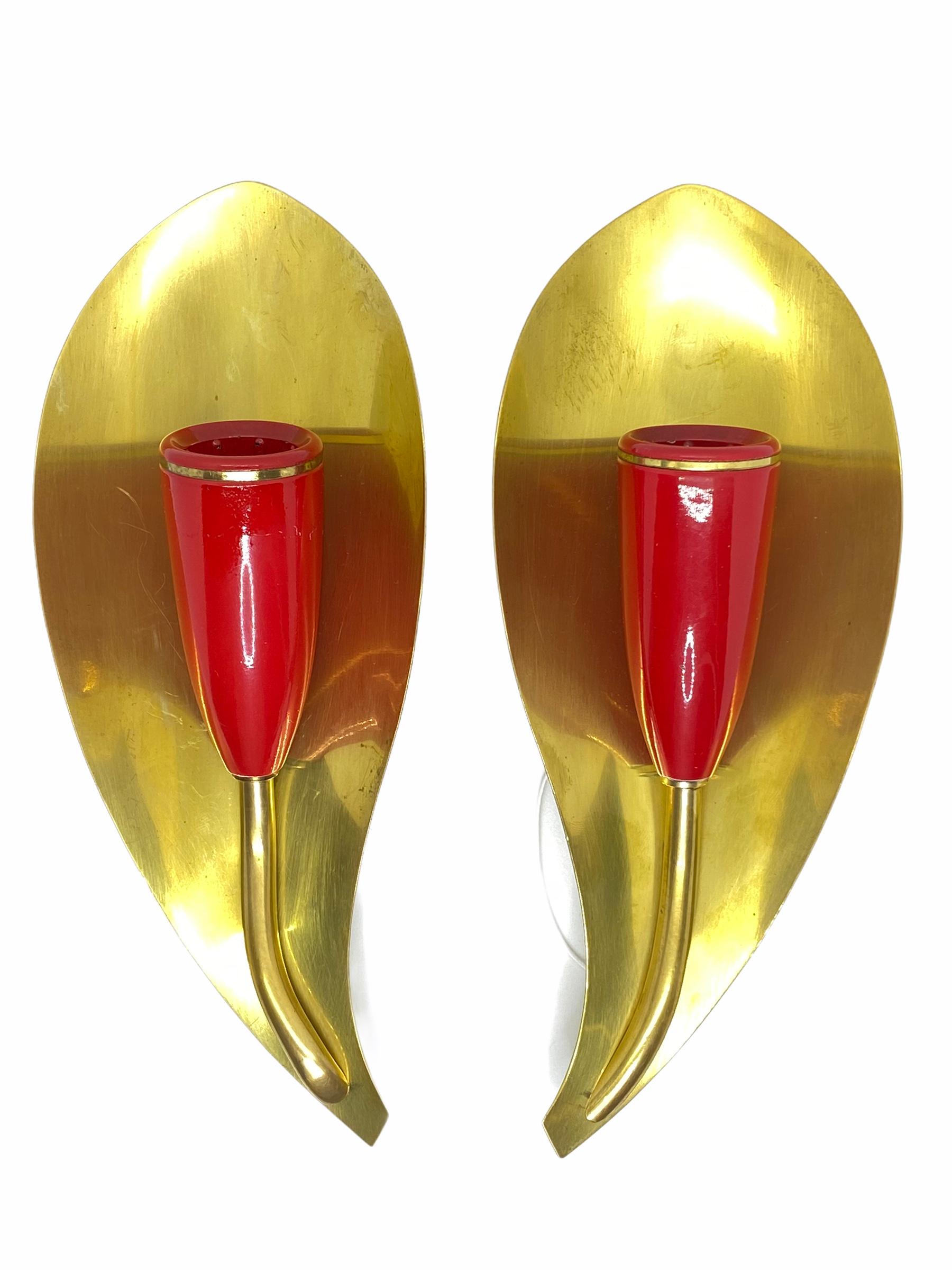 Mid-Century Modern Pair of 1950s Stilnovo Style Sconces Brass and Red, Vintage, Italy For Sale