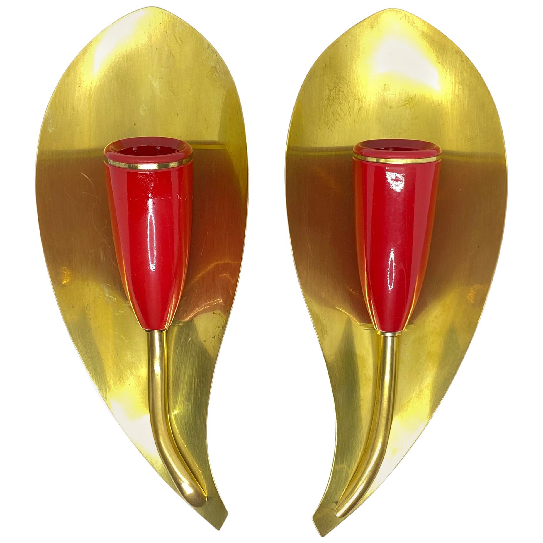 Pair of 1950s Stilnovo Style Sconces Brass and Red, Vintage, Italy