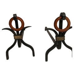 Pair of 1950's Stitched Leather Andirons by Jacques Adnet