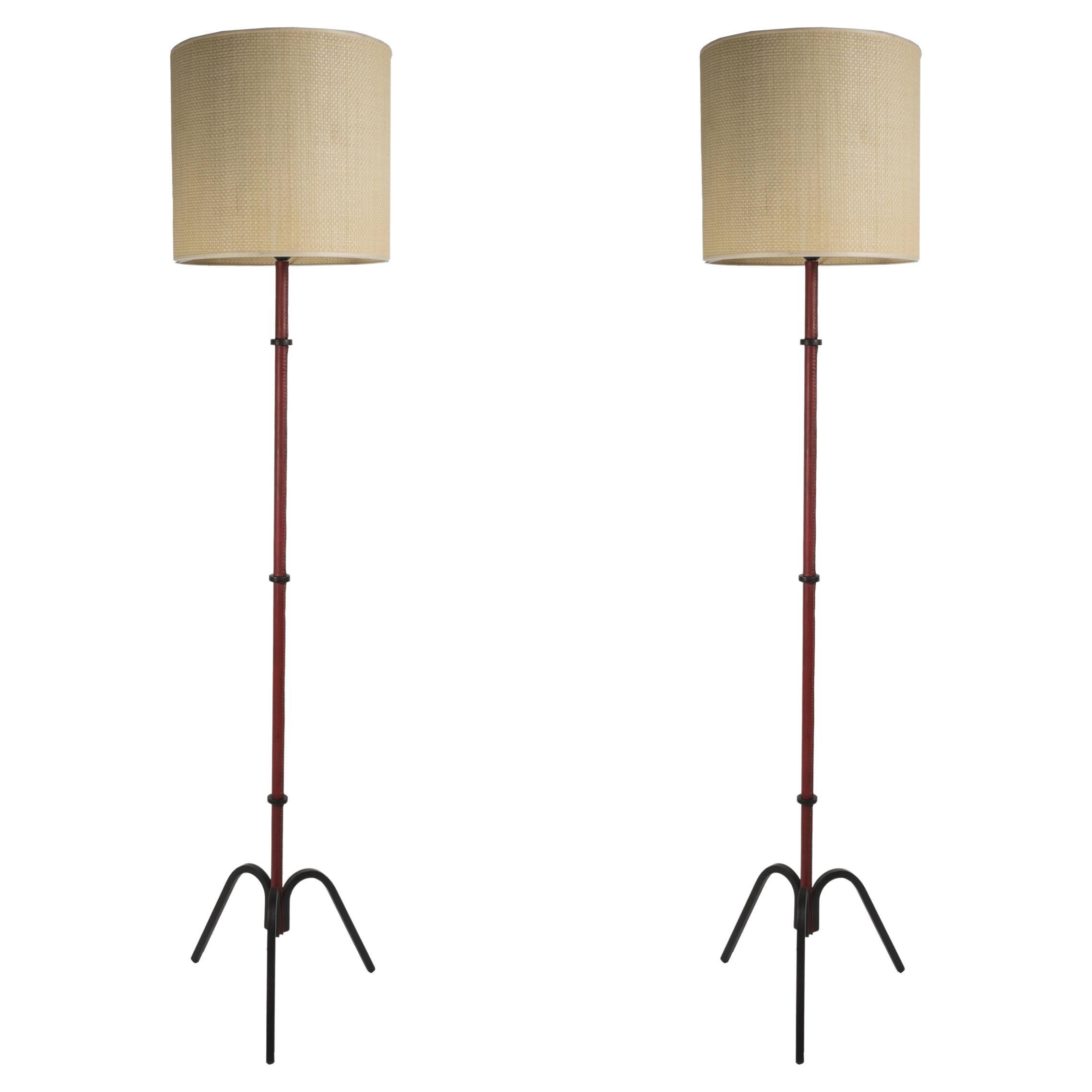 Pair of 1950's Stitched Leather Floor Lamp by Jacques Adnet For Sale