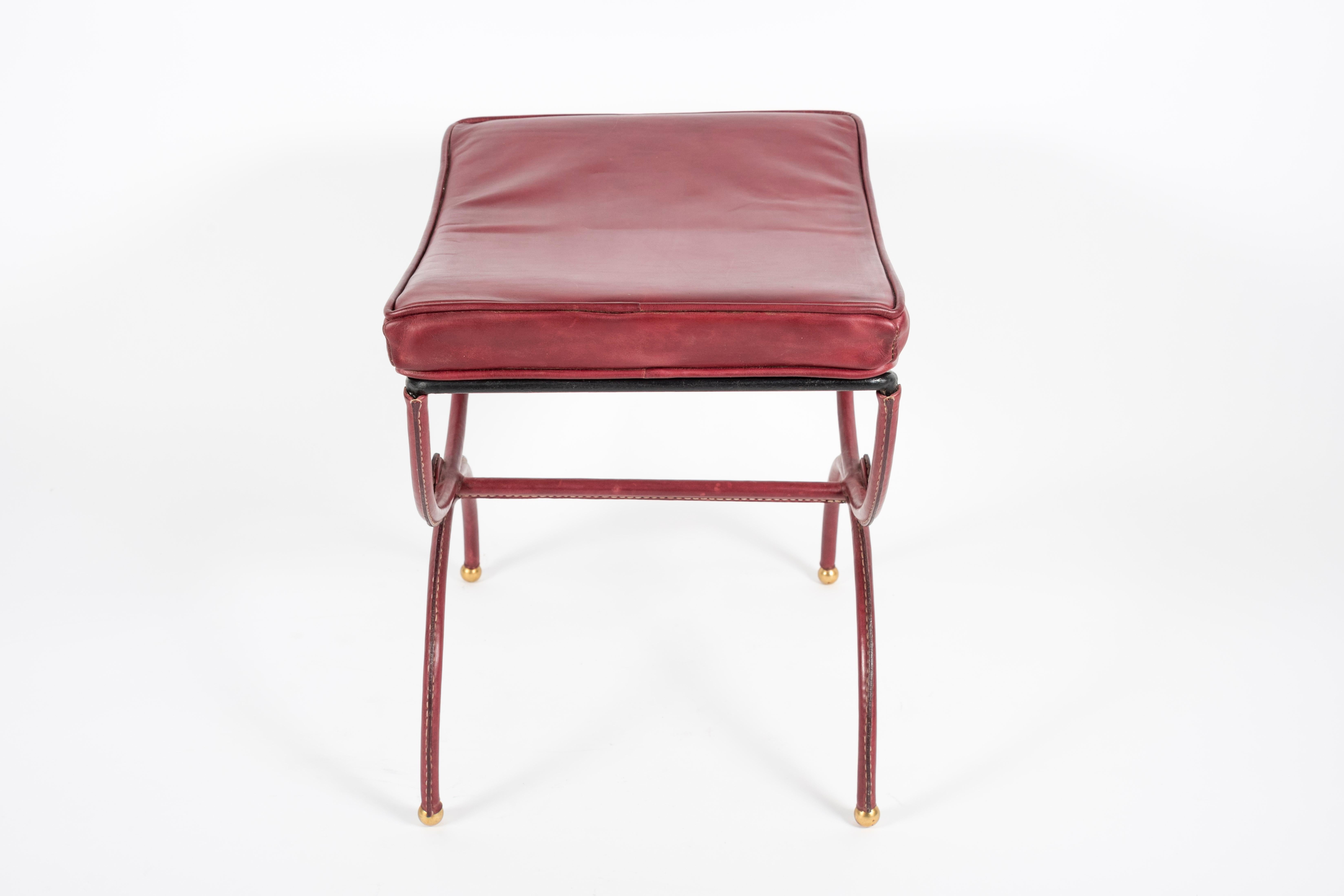 Pair of 1950s Stitched Leather Ottomans by Jacques Adnet For Sale 1