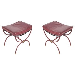 Coppia di ottomane in pelle Stitch by Jacques Adnet degli anni '50