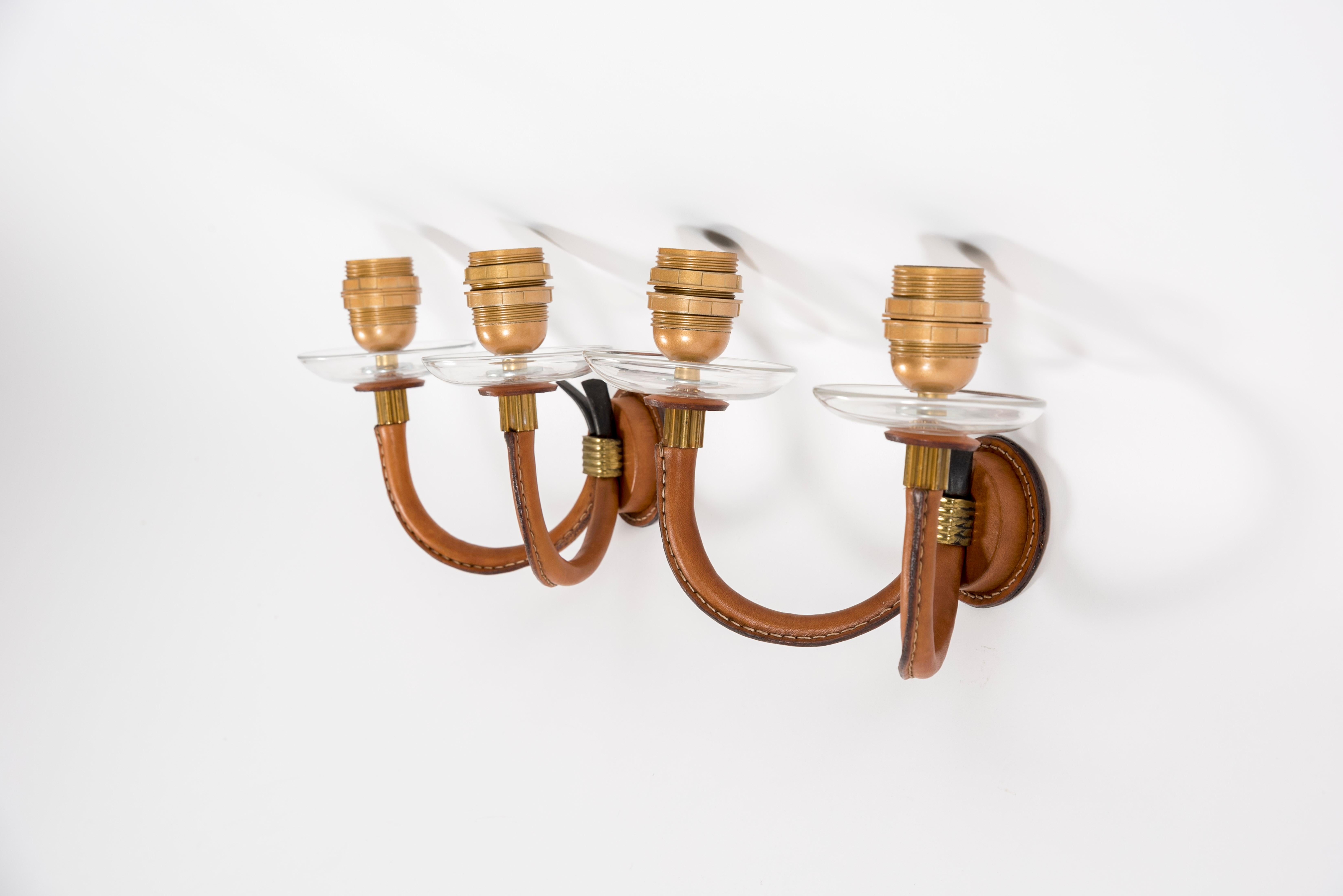 French Pair of 1950's Stitched Leather Sconces by Jacques Adnet For Sale