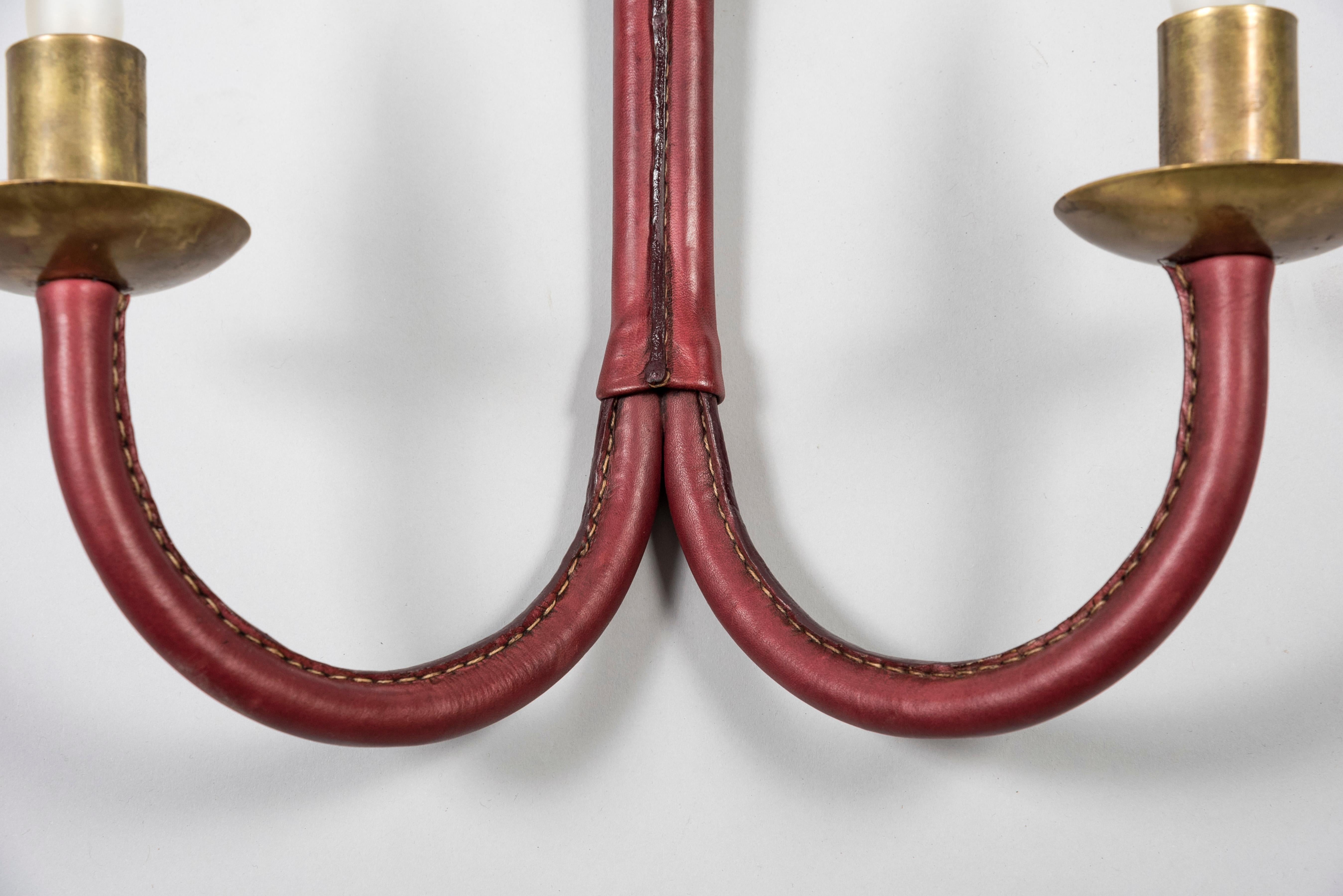 Pair of 1950's Stitched Leather Sconces by Jacques Adnet In Good Condition For Sale In Bois-Colombes, FR