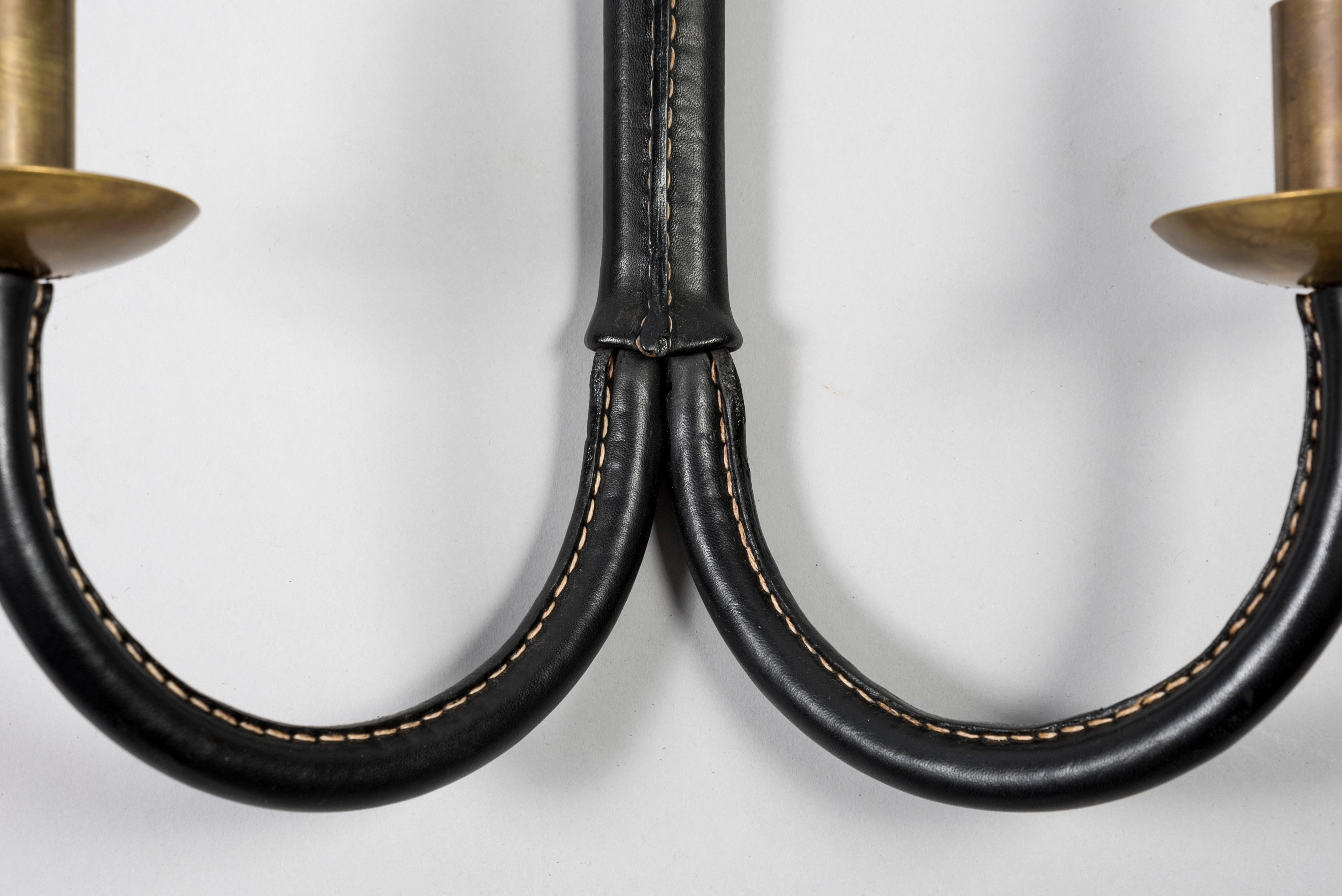 Mid-20th Century Pair of 1950's Stitched Leather Sconces by Jacques Adnet For Sale