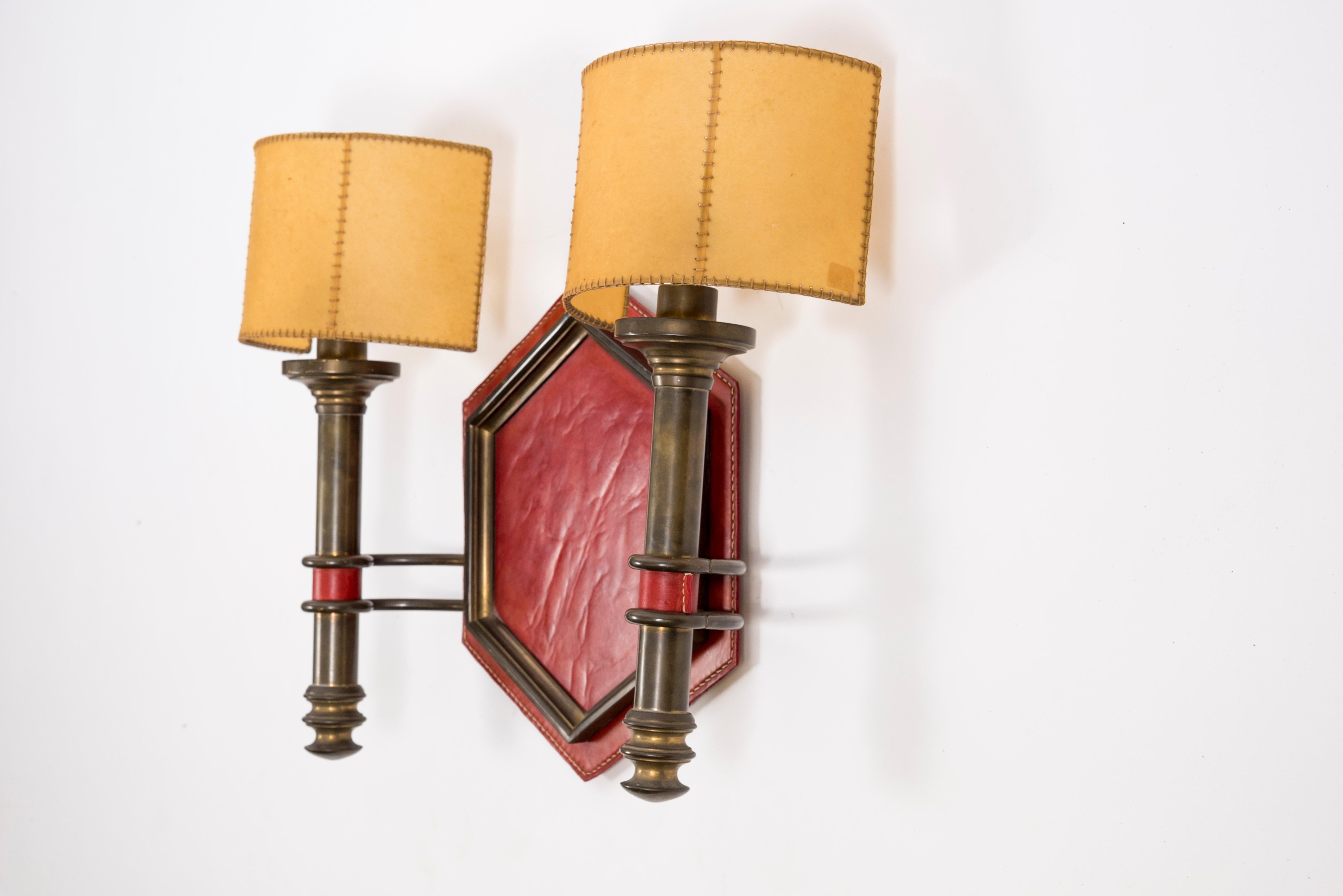 Mid-20th Century Pair of 1950's Stitched Leather Sconces by Jacques Adnet For Sale