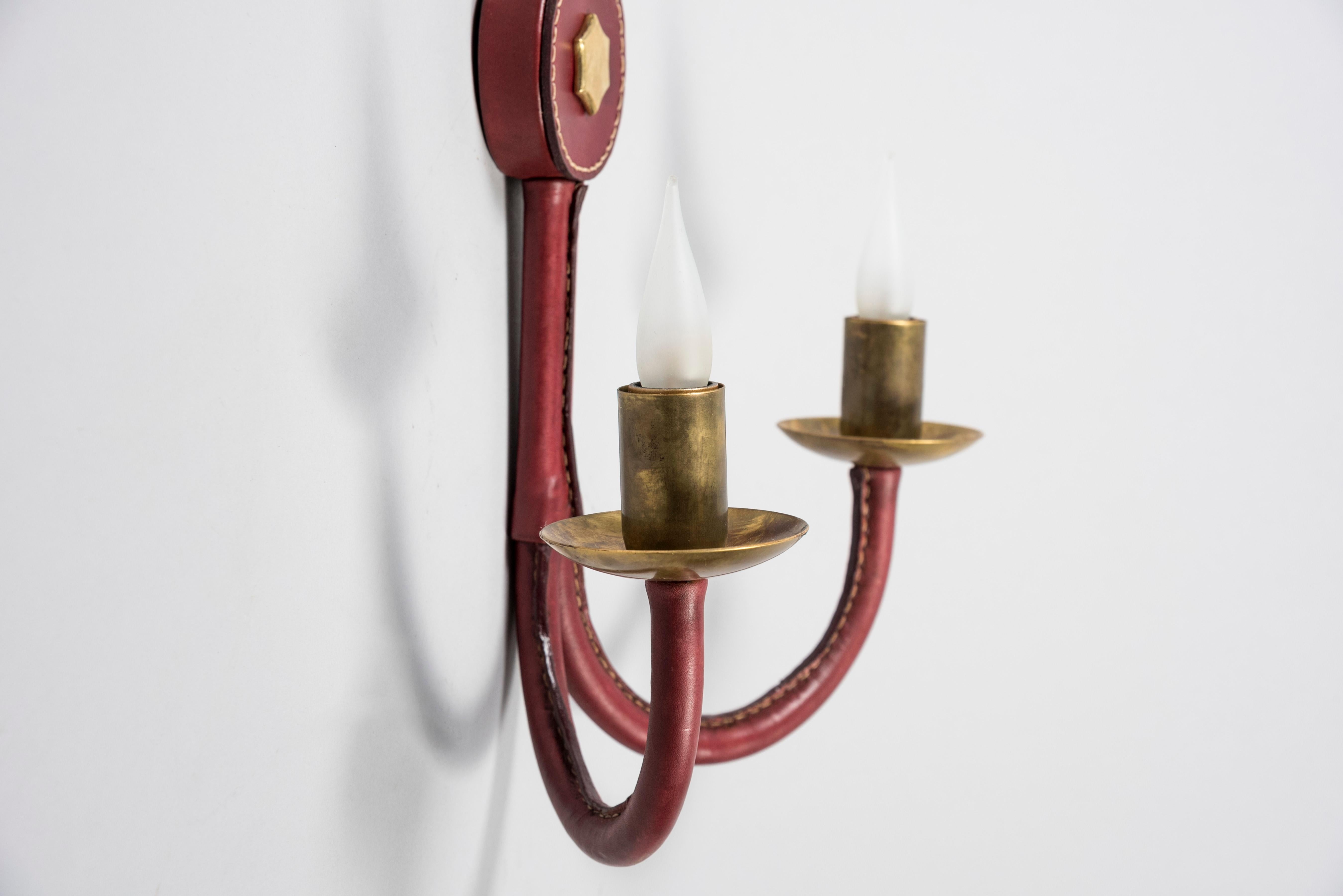 Pair of 1950's Stitched Leather Sconces by Jacques Adnet For Sale 1