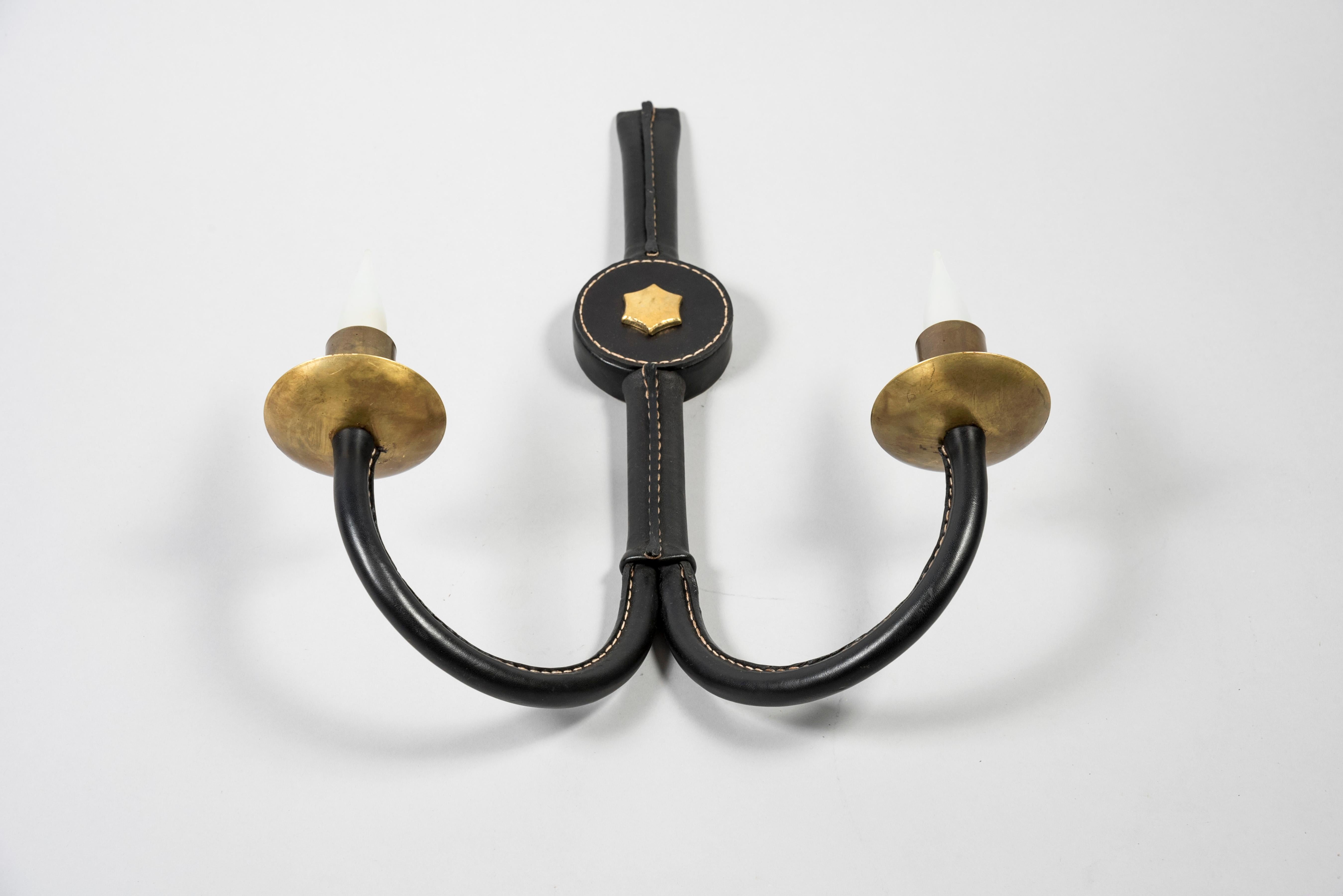 Pair of 1950's Stitched Leather Sconces by Jacques Adnet For Sale 2