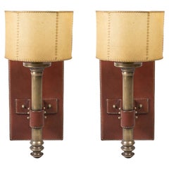Pair of 1950's Stitched Leather Sconces by Jacques Adnet