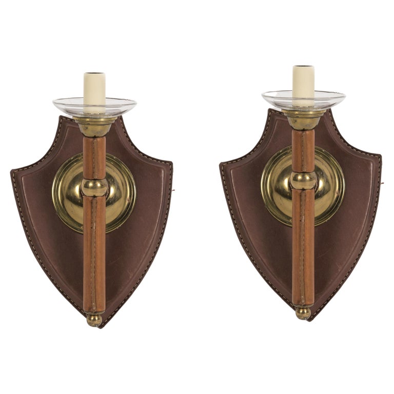 Pair of 1950's Stitched Leather Sconces by Jacques Adnet For Sale