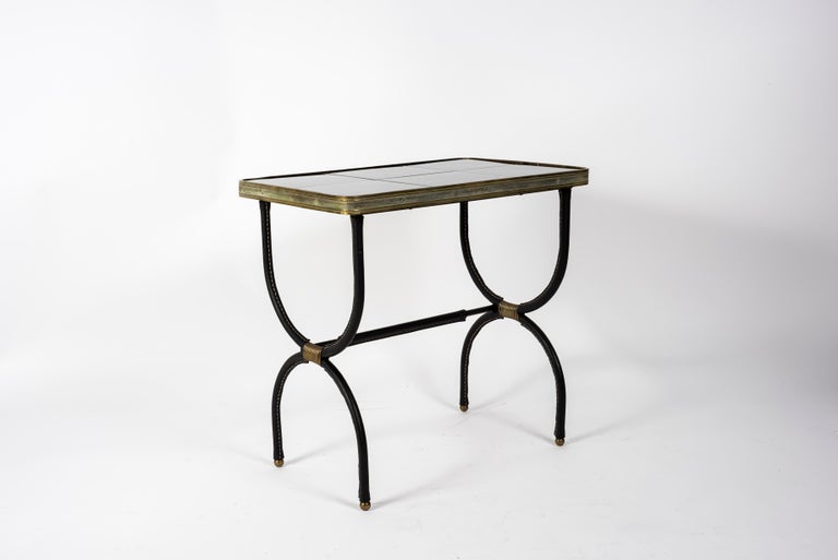 European Pair of 1950's Stitched Leather Side Table by Jacques Adnet For Sale