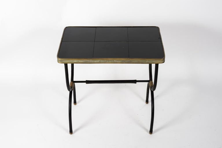 Pair of 1950's Stitched Leather Side Table by Jacques Adnet In Good Condition For Sale In Bois-Colombes, FR